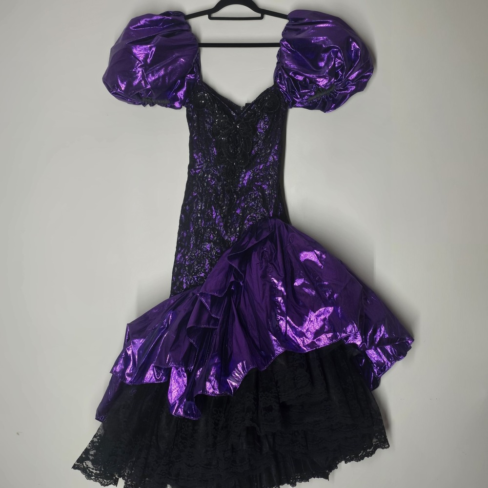 Loralie Vintage 80s Purple Metallic Puff Sleeve Prom Dress Lace Black Sz 4